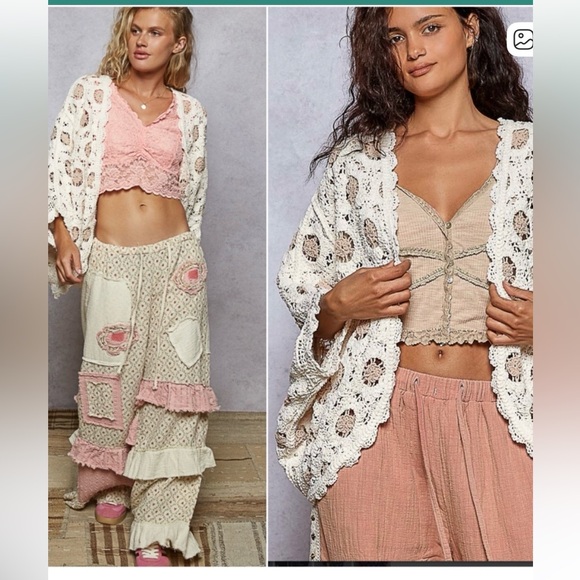#184 POL New Crochet Lace Cardigan with Pink and Beige Outfit - Picture 4 of 4